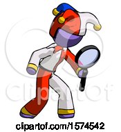 Poster, Art Print Of Purple Jester Joker Man Inspecting With Large Magnifying Glass Right
