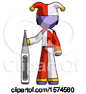 Purple Jester Joker Man Standing With Large Thermometer