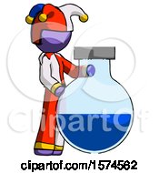 Purple Jester Joker Man Standing Beside Large Round Flask Or Beaker