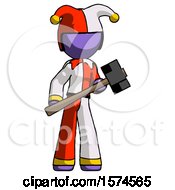 Poster, Art Print Of Purple Jester Joker Man With Sledgehammer Standing Ready To Work Or Defend