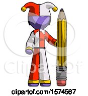 Poster, Art Print Of Purple Jester Joker Man With Large Pencil Standing Ready To Write