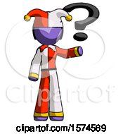 Poster, Art Print Of Purple Jester Joker Man Holding Question Mark To Right