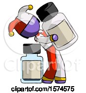 Purple Jester Joker Man Holding Large White Medicine Bottle With Bottle In Background