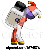 Purple Jester Joker Man Holding Large White Medicine Bottle