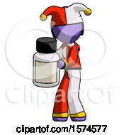 Purple Jester Joker Man Holding White Medicine Bottle
