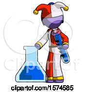 Purple Jester Joker Man Holding Test Tube Beside Beaker Or Flask