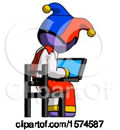 Poster, Art Print Of Purple Jester Joker Man Using Laptop Computer While Sitting In Chair View From Back