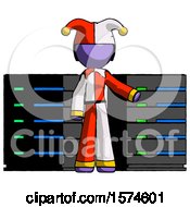 Poster, Art Print Of Purple Jester Joker Man With Server Racks In Front Of Two Networked Systems