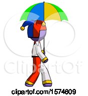 Poster, Art Print Of Purple Jester Joker Man Walking With Colored Umbrella