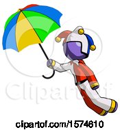 Poster, Art Print Of Purple Jester Joker Man Flying With Rainbow Colored Umbrella