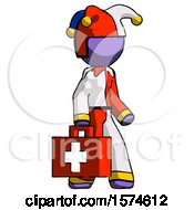 Poster, Art Print Of Purple Jester Joker Man Walking With Medical Aid Briefcase To Right