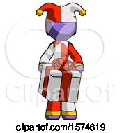 Poster, Art Print Of Purple Jester Joker Man Gifting Present With Large Bow Front View