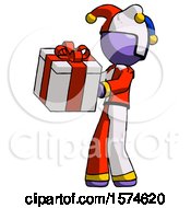 Poster, Art Print Of Purple Jester Joker Man Presenting A Present With Large Red Bow On It