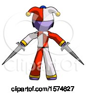 Poster, Art Print Of Purple Jester Joker Man Two Sword Defense Pose