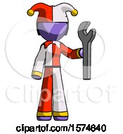 Poster, Art Print Of Purple Jester Joker Man Holding Wrench Ready To Repair Or Work