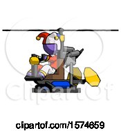 Poster, Art Print Of Purple Jester Joker Man Flying In Gyrocopter Front Side Angle View