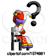 Poster, Art Print Of Purple Jester Joker Man Question Mark Concept Sitting On Chair Thinking