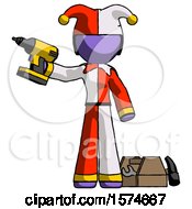 Poster, Art Print Of Purple Jester Joker Man Holding Drill Ready To Work Toolchest And Tools To Right