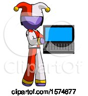 Poster, Art Print Of Purple Jester Joker Man Holding Laptop Computer Presenting Something On Screen