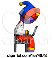 Poster, Art Print Of Purple Jester Joker Man Using Laptop Computer While Sitting In Chair View From Side