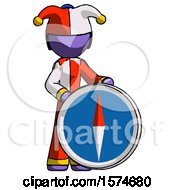 Poster, Art Print Of Purple Jester Joker Man Standing Beside Large Compass