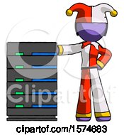 Poster, Art Print Of Purple Jester Joker Man With Server Rack Leaning Confidently Against It
