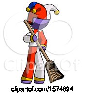 Purple Jester Joker Man Sweeping Area With Broom