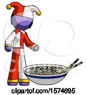 Poster, Art Print Of Purple Jester Joker Man And Noodle Bowl Giant Soup Restaraunt Concept