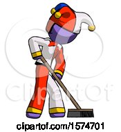 Poster, Art Print Of Purple Jester Joker Man Cleaning Services Janitor Sweeping Side View