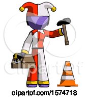 Poster, Art Print Of Purple Jester Joker Man Under Construction Concept Traffic Cone And Tools