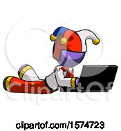 Poster, Art Print Of Purple Jester Joker Man Using Laptop Computer While Lying On Floor Side Angled View