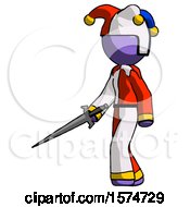 Poster, Art Print Of Purple Jester Joker Man With Sword Walking Confidently