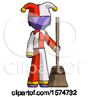 Purple Jester Joker Man Standing With Broom Cleaning Services