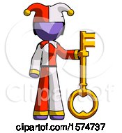 Purple Jester Joker Man Holding Key Made Of Gold
