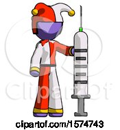 Purple Jester Joker Man Holding Large Syringe