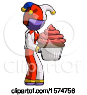 Poster, Art Print Of Purple Jester Joker Man Holding Large Cupcake Ready To Eat Or Serve