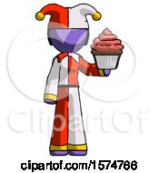 Poster, Art Print Of Purple Jester Joker Man Presenting Pink Cupcake To Viewer