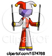 Poster, Art Print Of Purple Jester Joker Man Posing With Two Ninja Sword Katanas Up