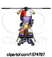 Poster, Art Print Of Purple Jester Joker Man Flying In Gyrocopter Front View