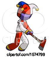 Poster, Art Print Of Purple Jester Joker Man Striking With A Red Firefighters Ax