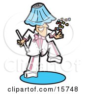 Silly Man In A White And Pink Uniform Dancing With A Lamp Shade On His Head And Throwing Confetti Clipart Illustration by Andy Nortnik