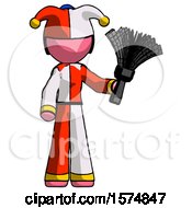 Pink Jester Joker Man Holding Feather Duster Facing Forward