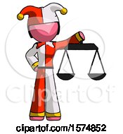 Poster, Art Print Of Pink Jester Joker Man Holding Scales Of Justice