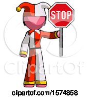 Pink Jester Joker Man Holding Stop Sign