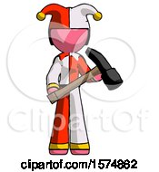 Poster, Art Print Of Pink Jester Joker Man Holding Hammer Ready To Work