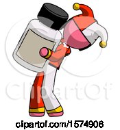 Pink Jester Joker Man Holding Large White Medicine Bottle