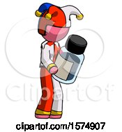 Pink Jester Joker Man Holding Glass Medicine Bottle