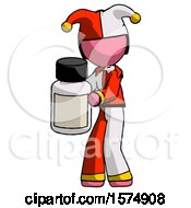 Pink Jester Joker Man Holding White Medicine Bottle