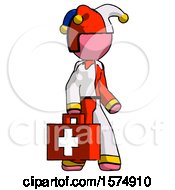 Poster, Art Print Of Pink Jester Joker Man Walking With Medical Aid Briefcase To Right