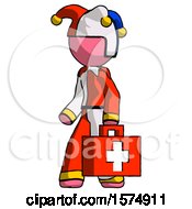 Poster, Art Print Of Pink Jester Joker Man Walking With Medical Aid Briefcase To Left
